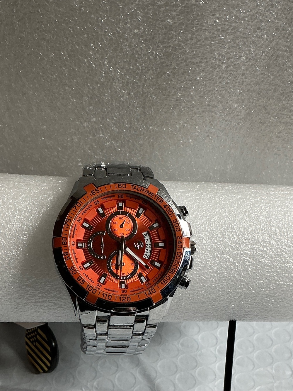Men's Stainless Steel Chronograph Watch with Orange Dial